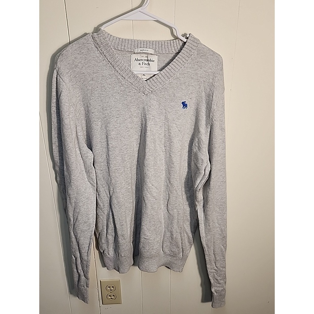 Abercrombie Fitch Sweater Mens XL Gray Muscle Fit V Neck Cashmere Blend Moose